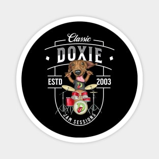 Fun doxie Dog playing drums for a rock and roll band on Doxie Jam Sessions tee Magnet